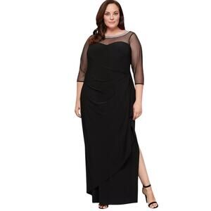 NWT Alex Evenings Plus Embellished Illusion Gown Side Ruching Black Size 18W